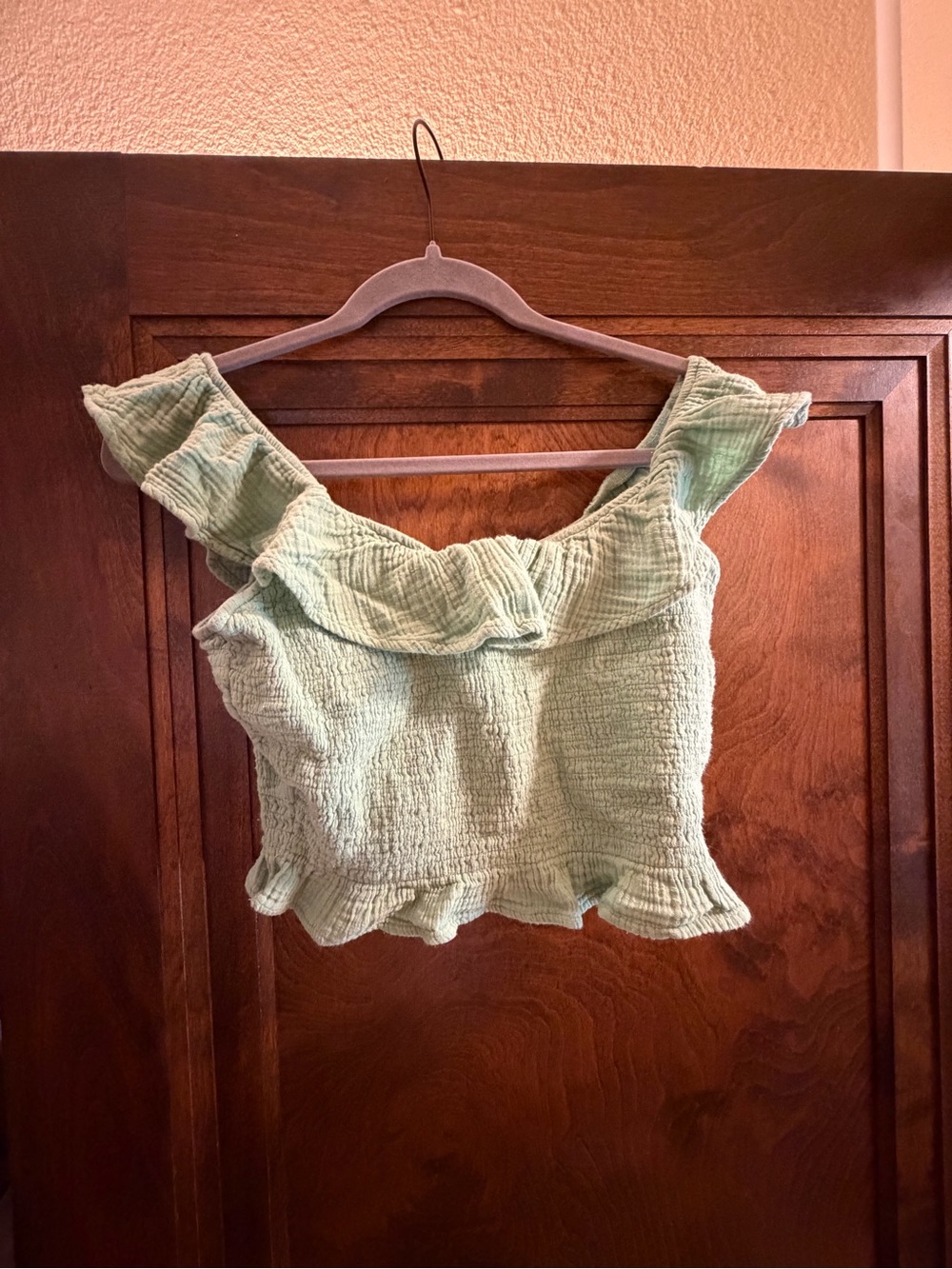 American Eagle Outfitters Mint Green Smocked Ruffle Off-Shoulder Crop Top